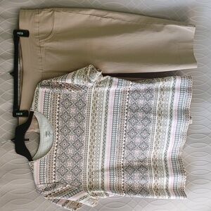 1X Croft & Barrow Print Top (tans, grays, pink)  &  Ruby Rd. Capri Pants 18W Tan